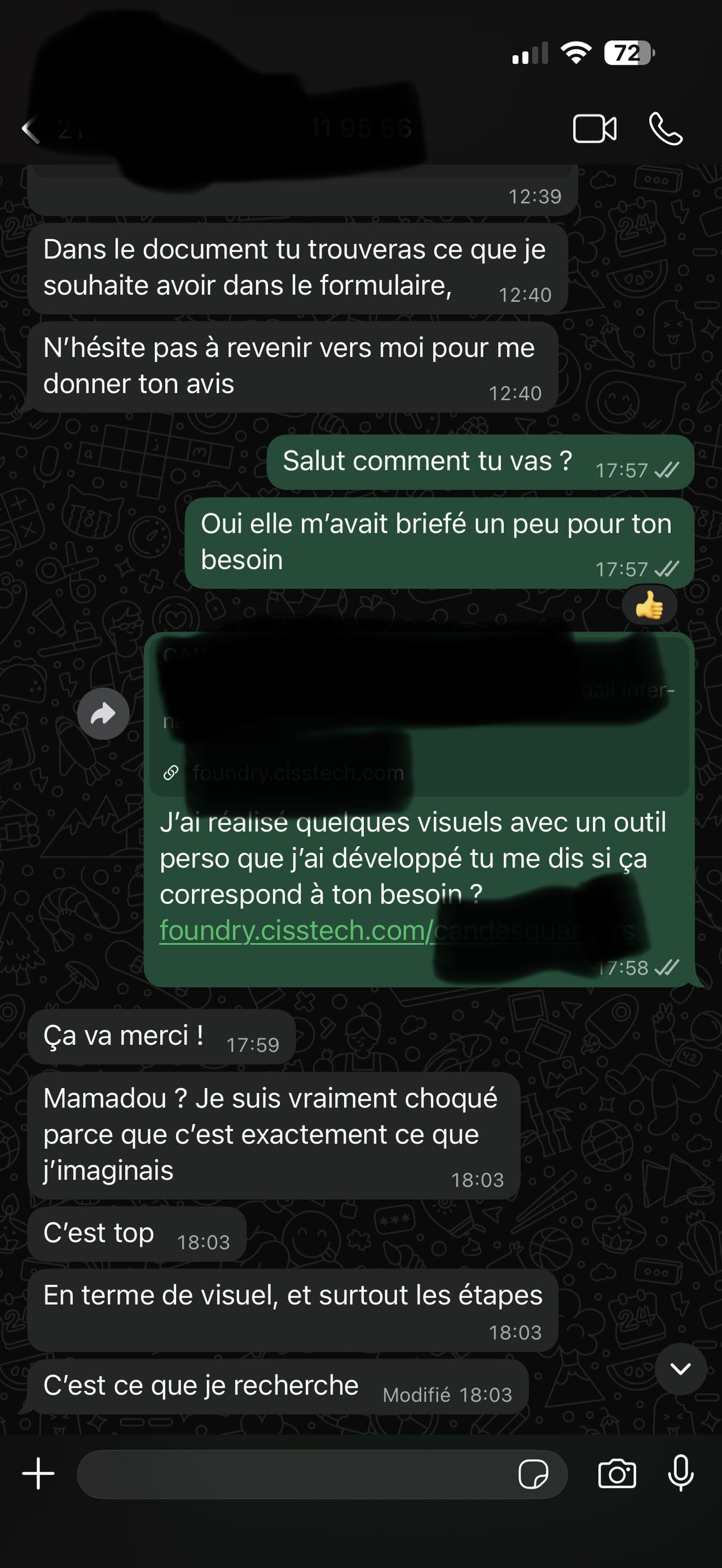 Message WhatsApp : un prospect valide le wireframe Foundry reçu, avant de signer