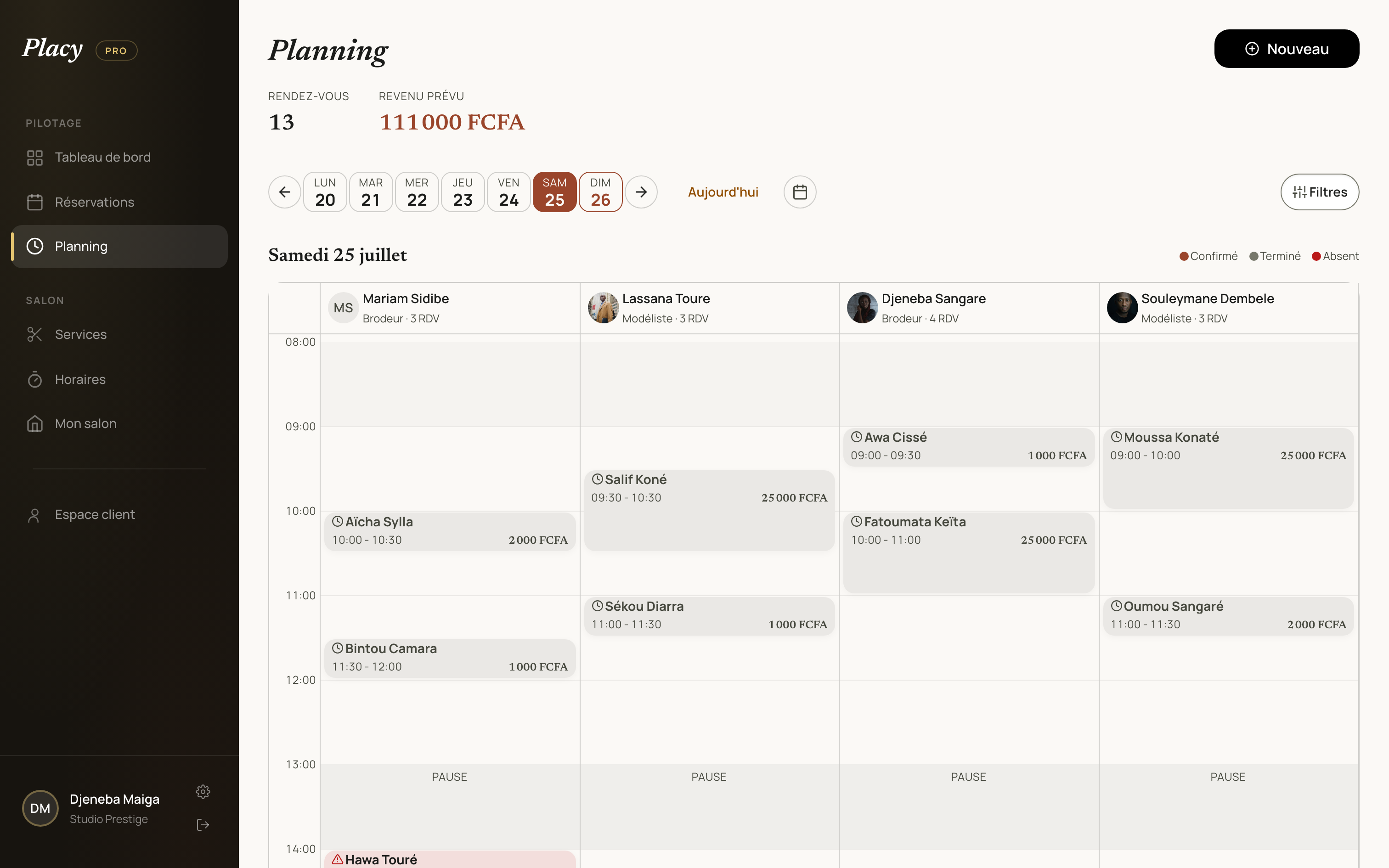 Le planning d'une journée, par praticien