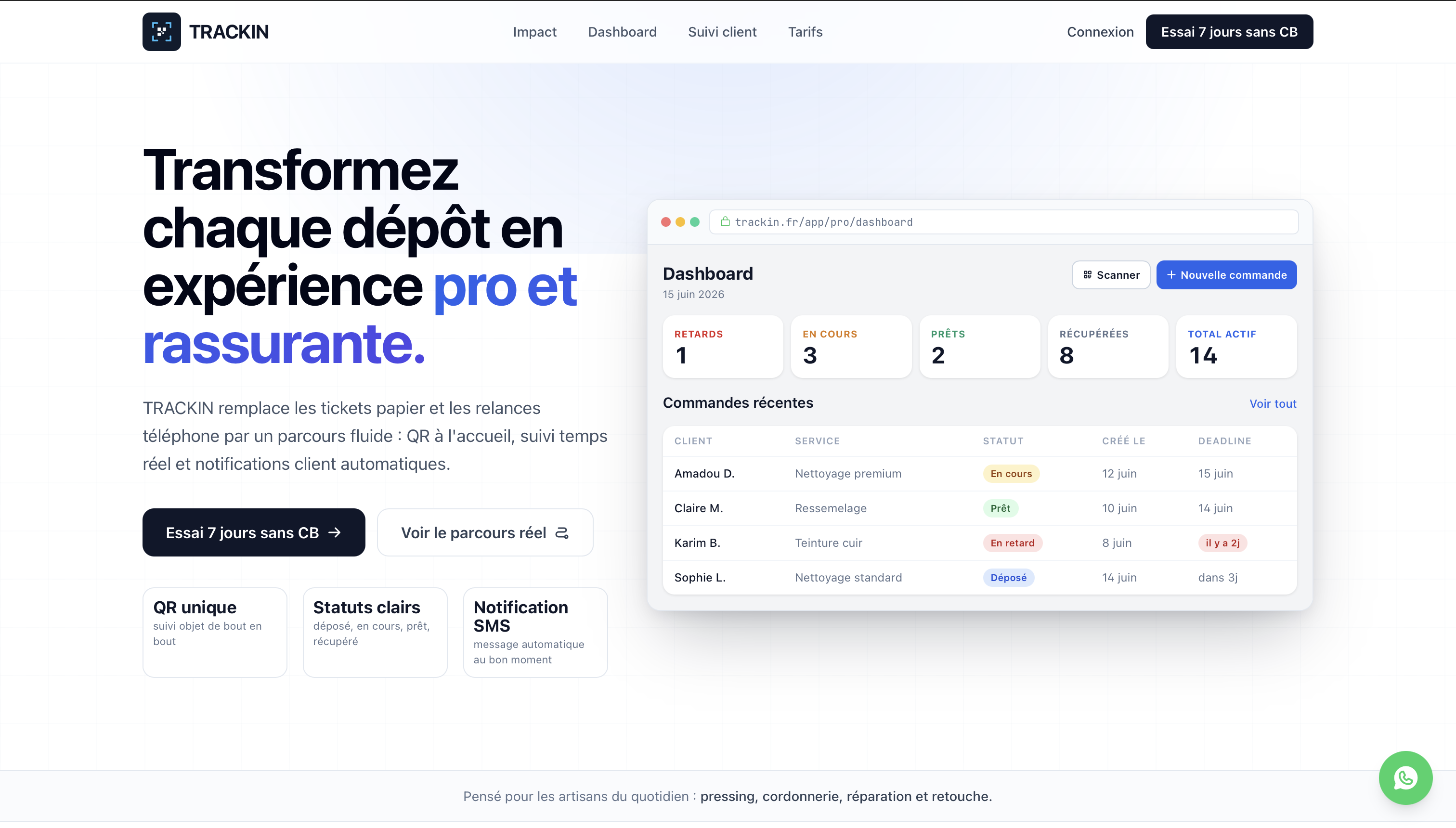 La page d'accueil de Trackin