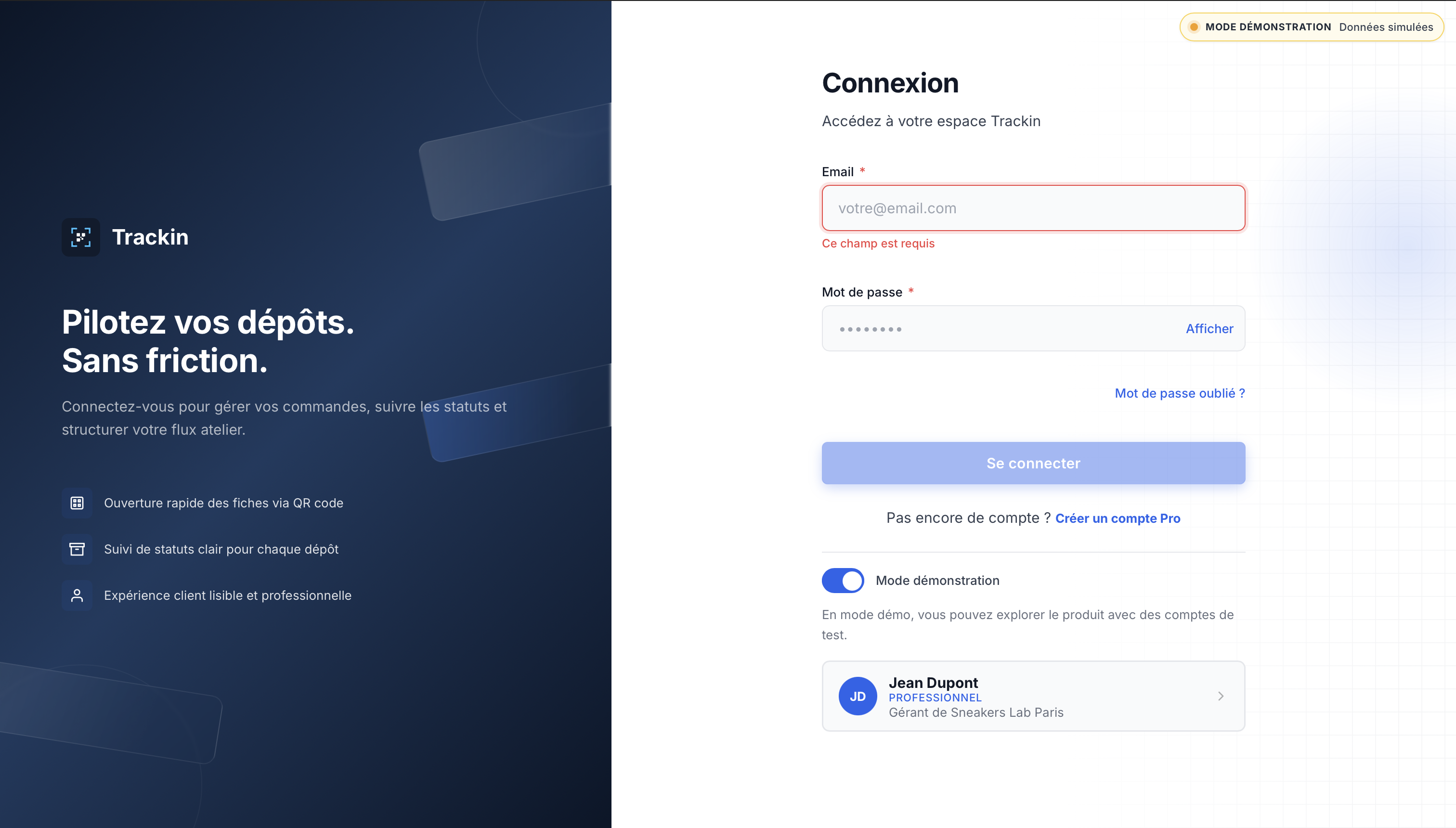 L'écran de connexion et son mode démo
