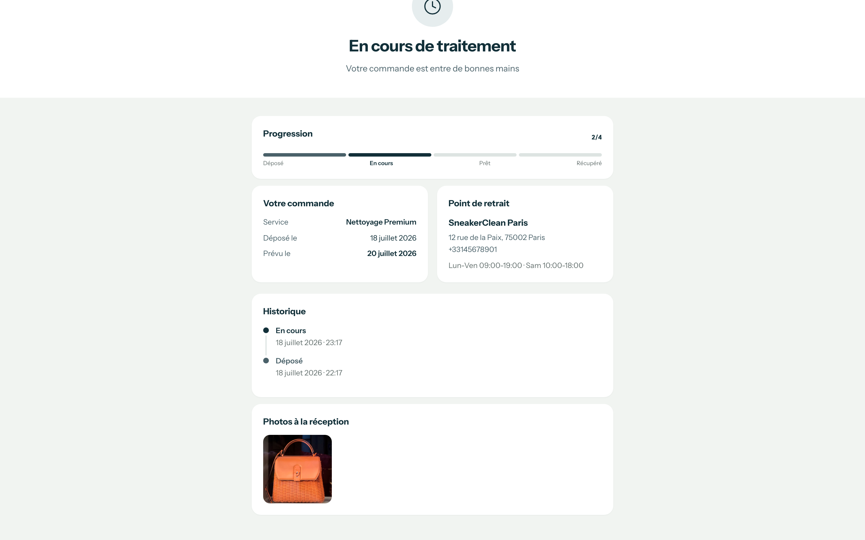 La page de suivi que reçoit le client